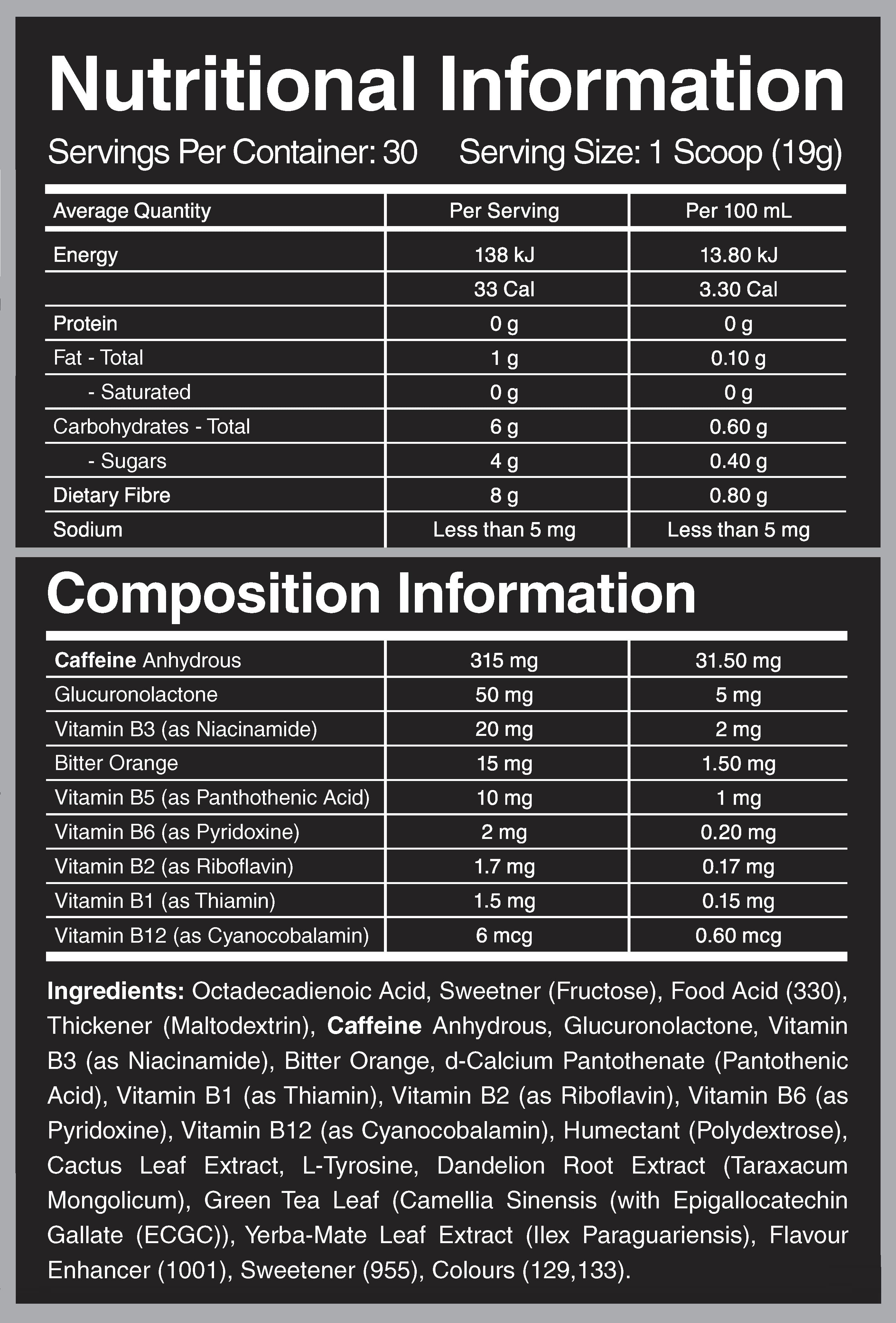 Body Effects AU Nutrition Information